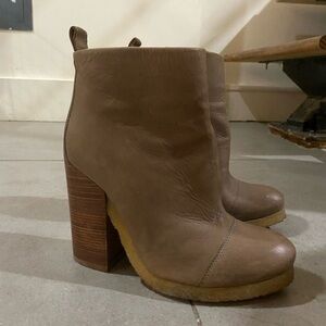 Tan leather all saint boots, 4.5” wood heel with rubber soles, size 37